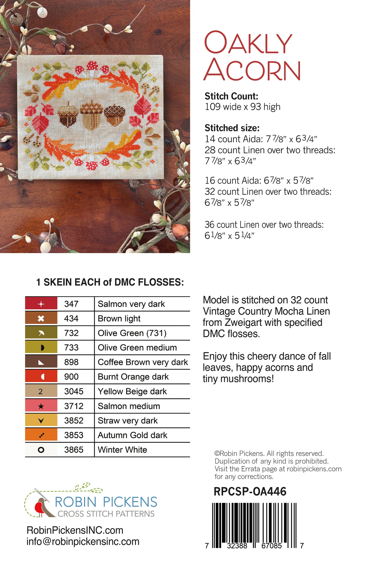 Oakly Acorn Cross Stitch Printed Pattern