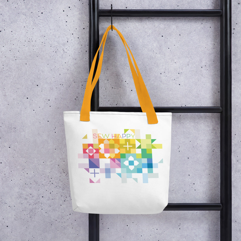 Tote Bag with Sew Happy words and Rainbow quilt blocks from Robin