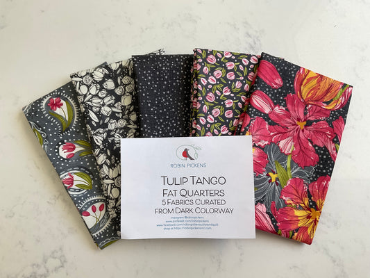 Curated Fat Quarter Bundle of 5 Fabrics from the Dark Colorway of Tulip Tango