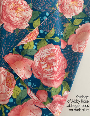 Abby Rose cabbage roses on dark blue, yardage