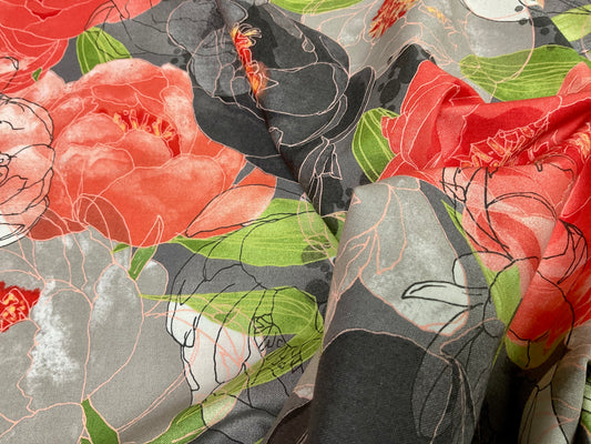Peonies Charcoal - 54" x WOF