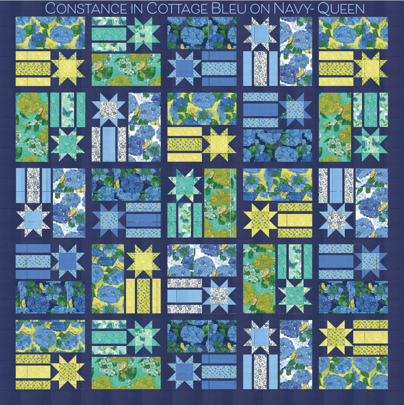 A Quilt Kit - Constance in Cottage Bleu w/ navy background - Queen size