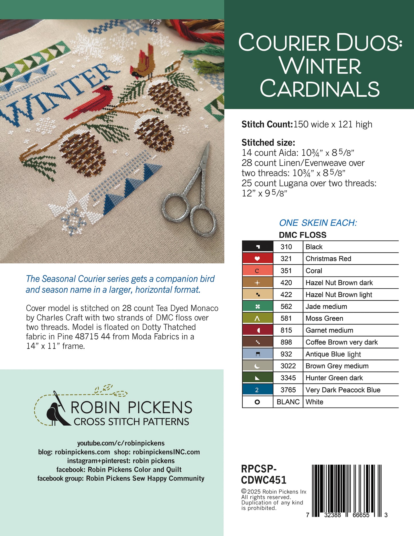 Courier Duos: Winter Cardinals Cross Stitch Printed Pattern