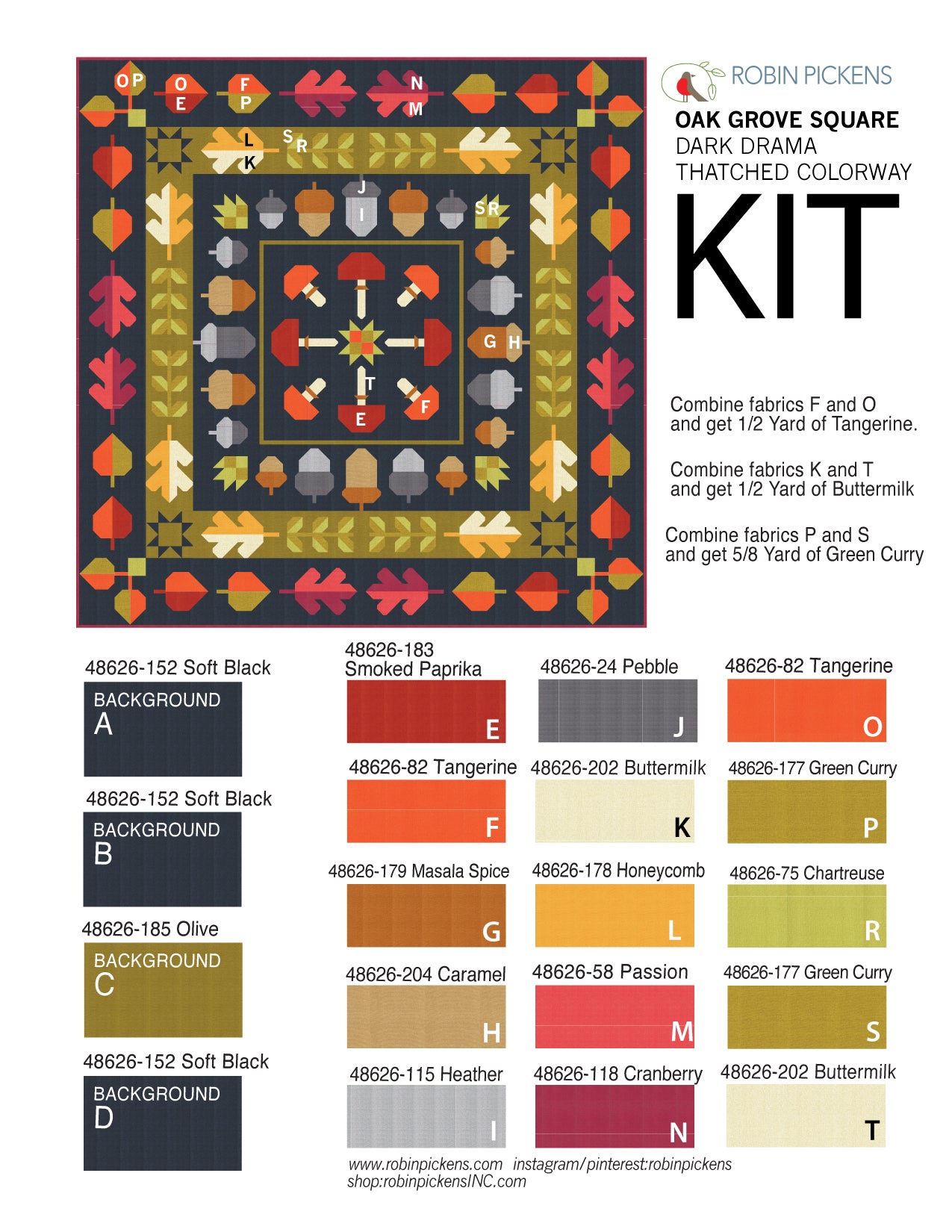 A Quilt KIT of Oak Grove Square in Thatched- DARK DRAMA colorway
