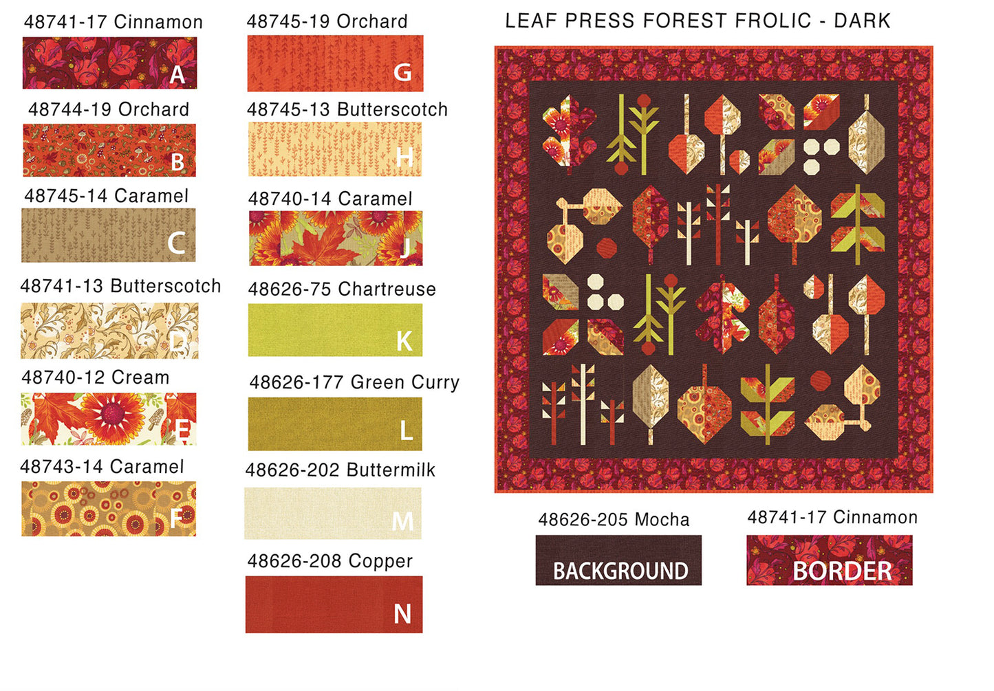 A Quilt KIT of LEAF PRESS in the dark Mocha background with Forest Frolic fabric