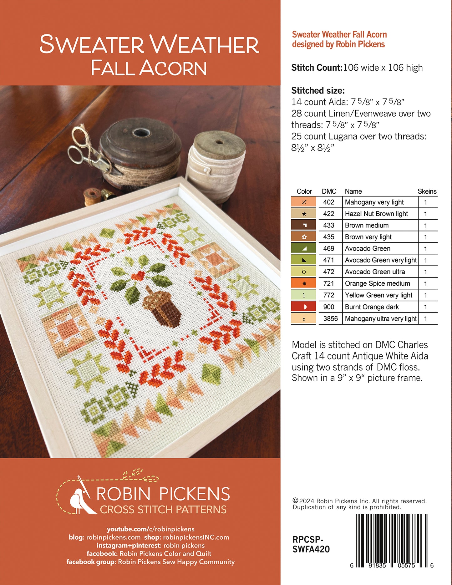 Sweater Weather Fall Acorn Cross Stitch PRINTED Pattern