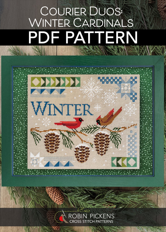 Courier Duos: Winter Cardinals Digital PDF Cross Stitch Pattern