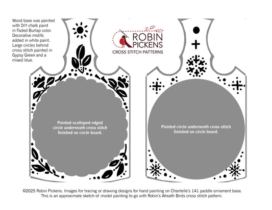 Wreath Birds Template sketch from Robin Pickens for painting on Paddle Ornament from Chantelle 141 Ornament Box