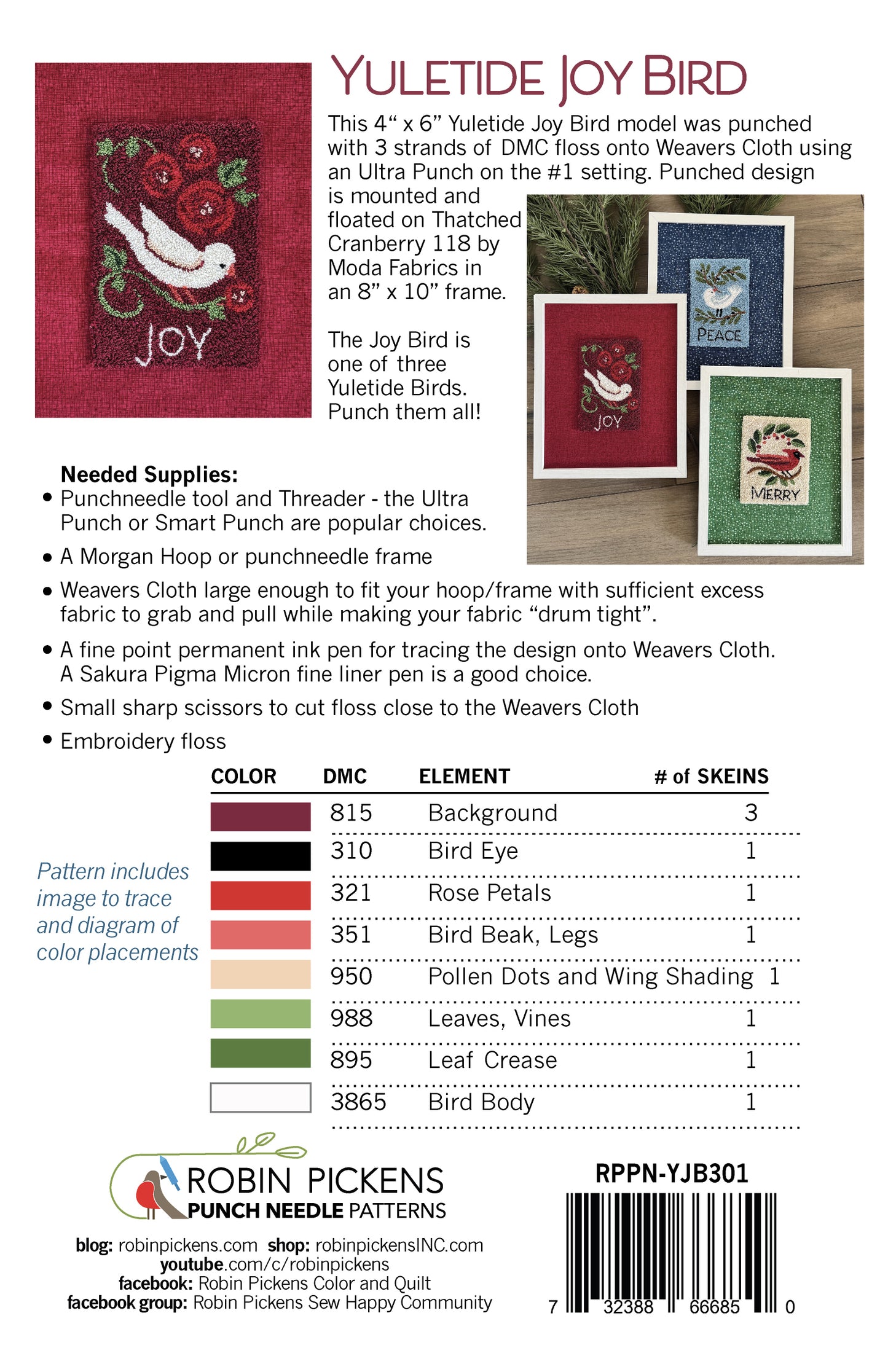 Yuletide JOY Bird Punch Needle Printed Pattern