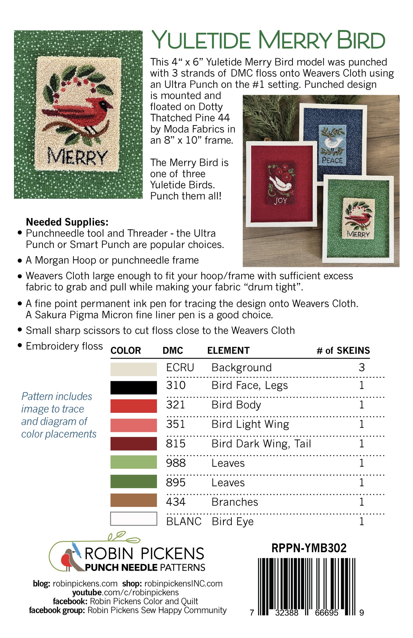 Yuletide MERRY Bird Punch Needle Printed Pattern