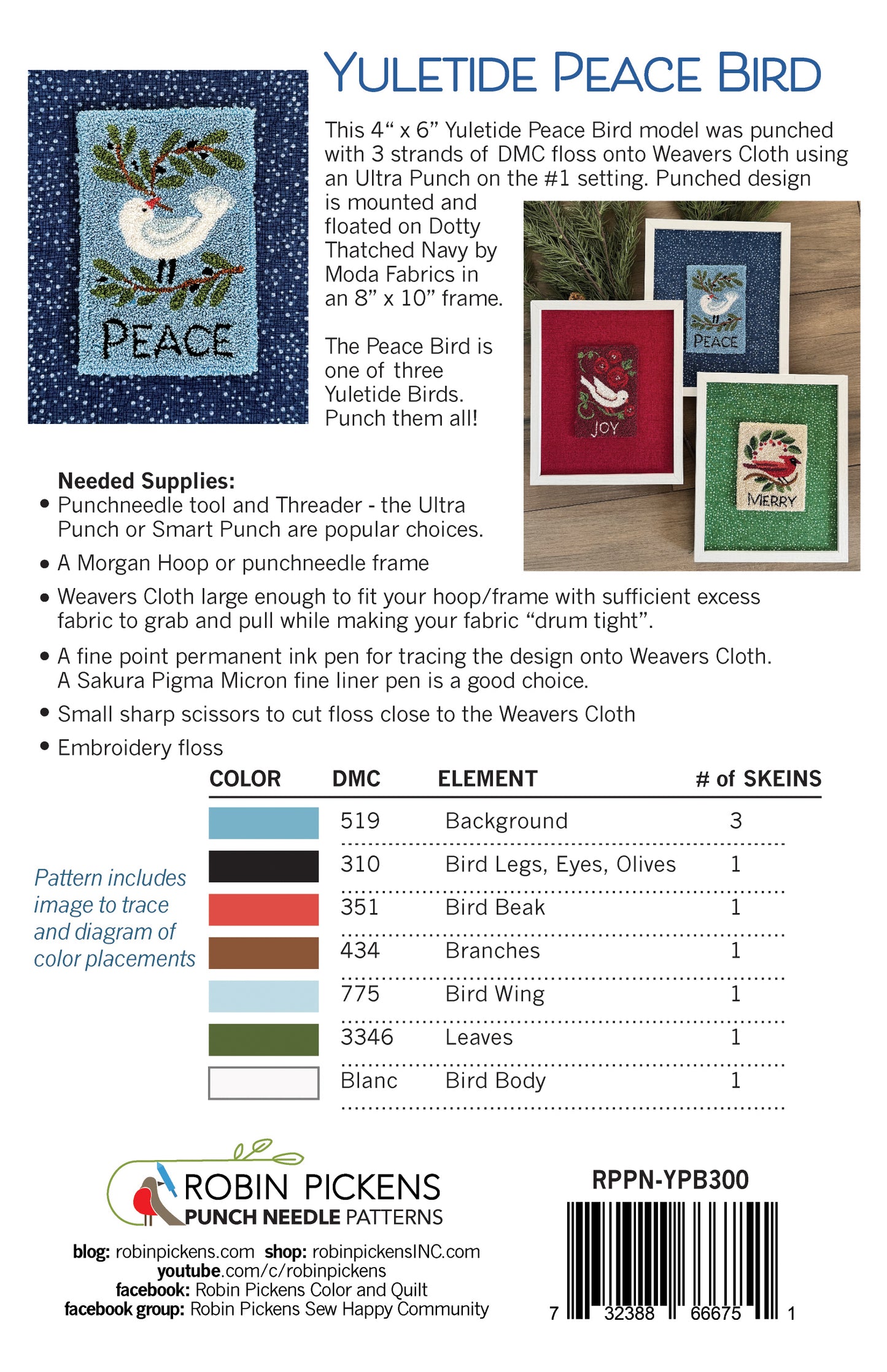 Yuletide PEACE Bird Punch Needle Printed Pattern