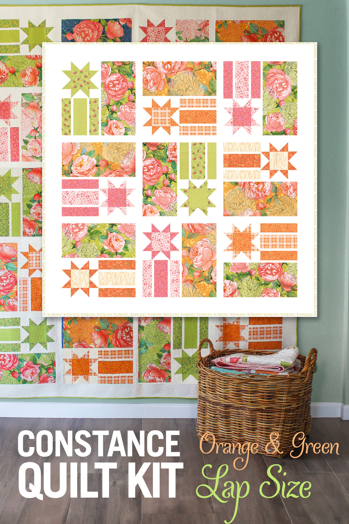 A QUILT KIT of CONSTANCE in Abby Rose (Pink, Green and Orange roses), Lap Size