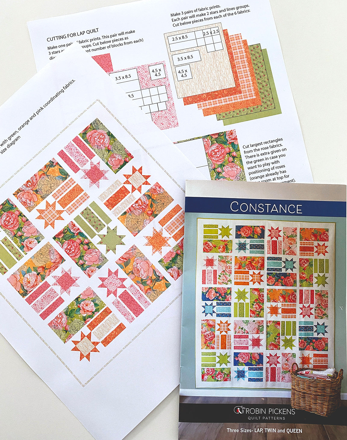 A QUILT KIT of CONSTANCE in Abby Rose (Pink, Green and Orange roses), Lap Size