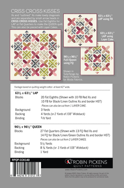 CRISS CROSS KISSES printed booklet quilt pattern, Robin Pickens, Lap or Queen