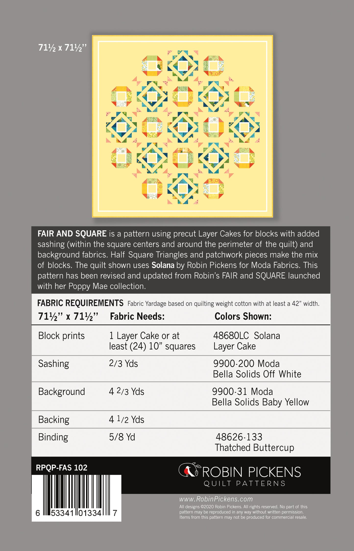 FAIR and SQUARE Digital PDF Quilt Pattern by Robin Pickens / Layer Cake friendly /Square 71" size