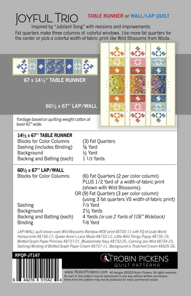 JOYFUL TRIO Quilt Pattern PDF (digital download) by Robin Pickens in LAP or TABLE RUNNER sizes
