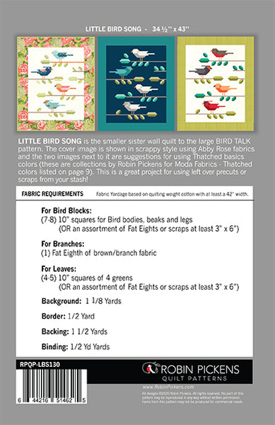 LITTLE BIRD SONG Small Wall Quilt PRINTED BOOKLET by Robin Pickens 34" x 43"