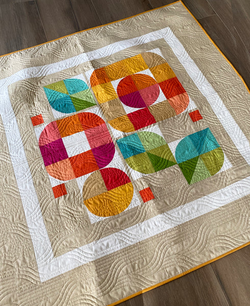 A QUILT KIT of MOD FLOWER BOX in Thatched California Sunshine palette, 51 x 51" Wall/Lap