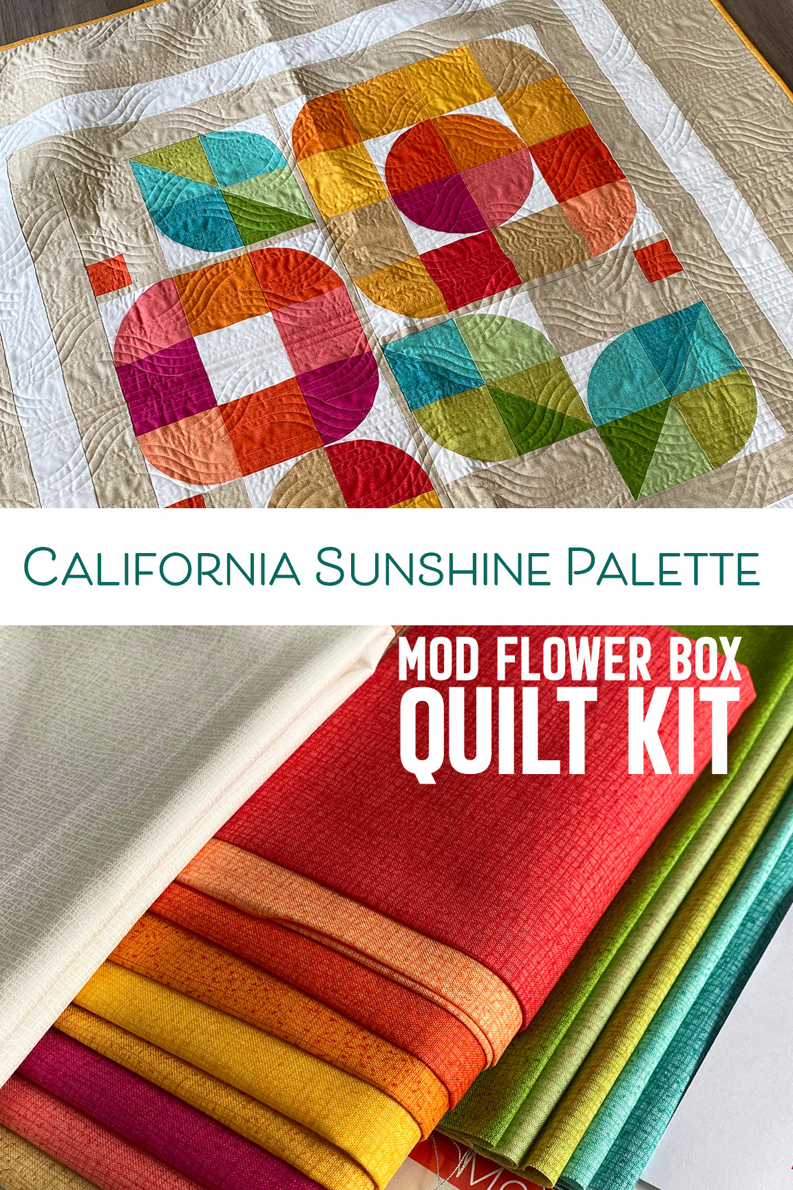 A QUILT KIT of MOD FLOWER BOX in Thatched California Sunshine palette, 51 x 51" Wall/Lap