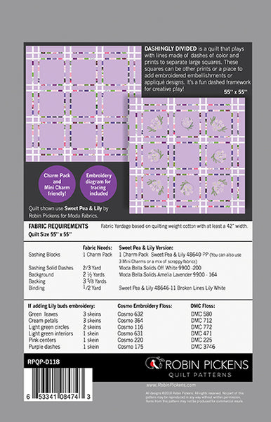DASHINGLY DIVIDED Quilt Pattern (printed booklet) w/ Embroidery page by Robin Pickens / Charm Pack, Mini Charm, precut