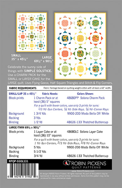 SIMPLE SOLSTICE (PRINTED booklet) Quilt Pattern by Robin Pickens