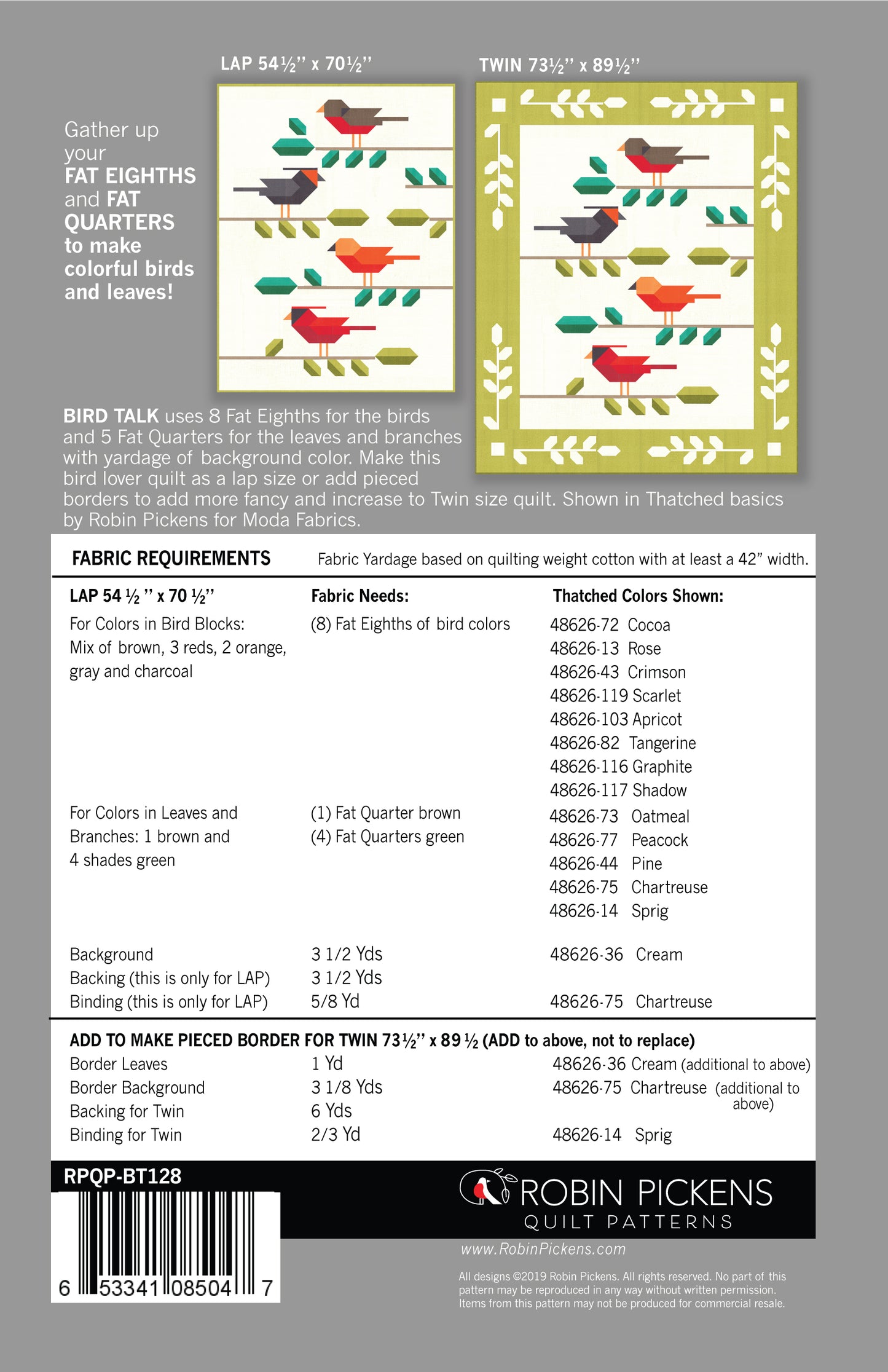 BIRD TALK Quilt Pattern Printed Booklet by Robin Pickens, Lap or Twin size