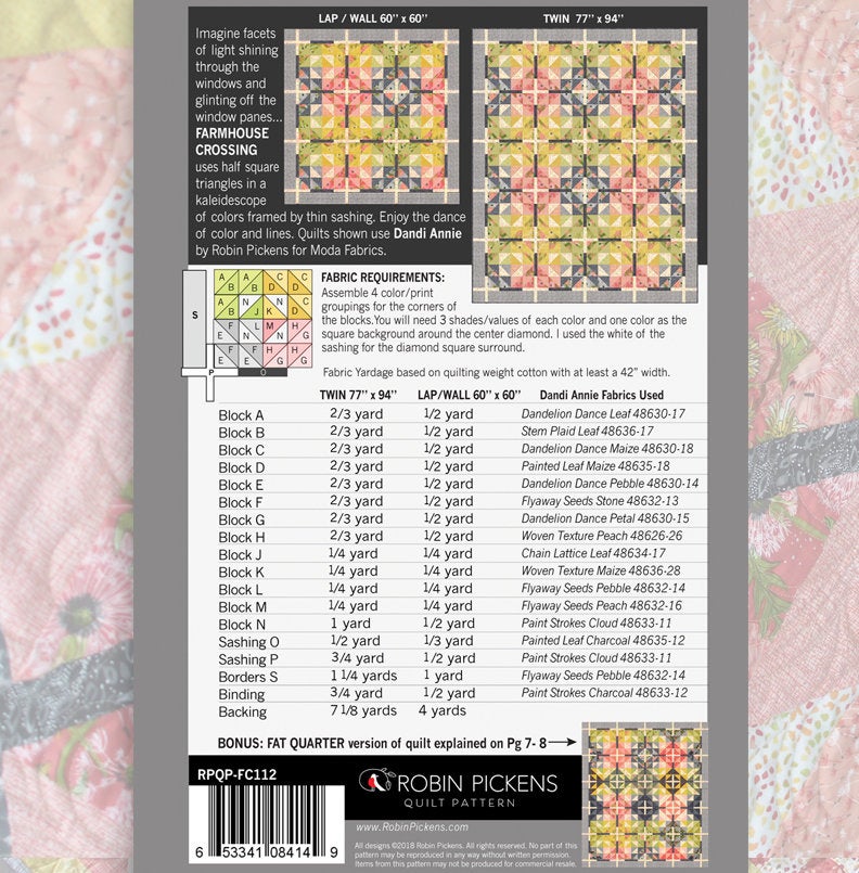 FARMHOUSE CROSSING Digital PDF Quilt Pattern by Robin Pickens / Twin and Lap/Wall size