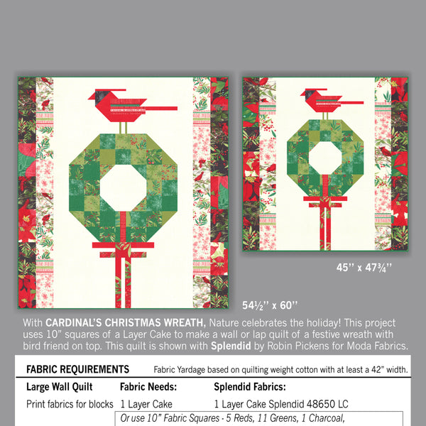 CARDINALS CHRISTMAS WREATH Printed Quilt Pattern in Large or Medium Wall Sizes by Robin Pickens